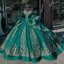 Emerland Green Tulle Quinceanera Dresses Ball Gown Sweet 16 Lace Appliqued Dress