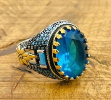 Men Sterling Silver Ring, Blue Aquamarine Stone Ring,925K Mens Jewelry,All Sizes