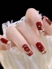 24pcs Square Red Glitter and Gold Line Style Fake Nail False Nails Press On