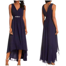 Eliza J Embellished Rhinestone Beaded High Low Chiffon Dress  Sz 8  navy *1185