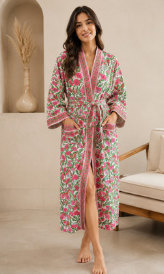Women's Pink Floral Cotton Kimono Robe Lightweight Bathrobe Lounge Wear Spa Robe