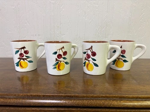 4 Vintage Hand Painted Stangl Pottery Fruit 3 3/4"  Dura-Fired Mugs IMPERFECT
