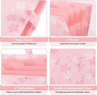 Pink Expanding File Folder with 5 Pockets, Cute Accordion File