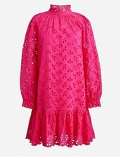 NWT J Crew Ruffleneck Eyelet Drop Waist Mini Dress Pink Size XS Prep Garden Tea