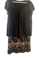 I.N. STUDIO Black Chiffon Drop Waist Bronze Gold Sequin Cocktail Dress SZ 8