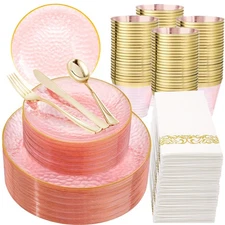 Clear Pink Plastic Plates 350pcs Set, Gold Rim Disposable Party Dinnerware