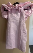 Fashion Nova Pink Satin Solid Off Shoulder Ruffle Puff Sleeve Mini Dress, M