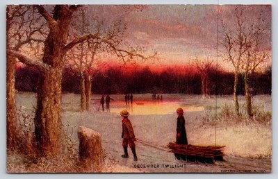 December Twilight R Hill Winter Skating Scene Antique Divided Back Postcard