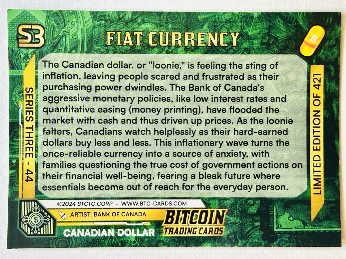 CANADIAN DOLLAR #44 2024 Bitcoin Trading Cards Series 3 BTCTC WVV GOLD HOLO  /421