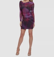 Guess Women's Purple Shelly Long-Sleeve Ruched Mini Bodycon Dress Size 6
