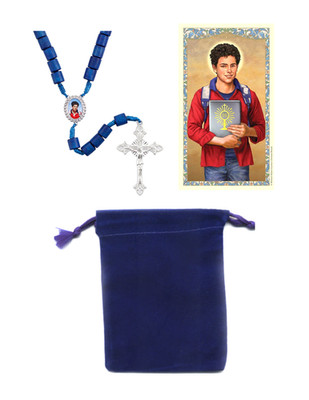 St. Carlo Acutis Blue Wooden & Cord Rosary with Laminated Prayer Card & Pouch