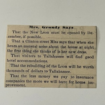 Mrs Grundy Says New Leon Must Open By December 1885 Florida Clipping SAJ2-S64
