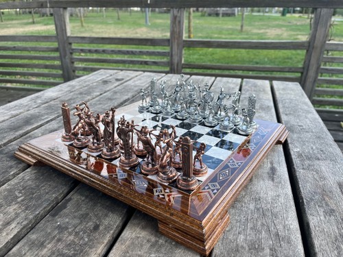 Greek Mythology Metal Chess Set – Handmade Wood Board – Luxury Gift Decor - Picture 2 of 14