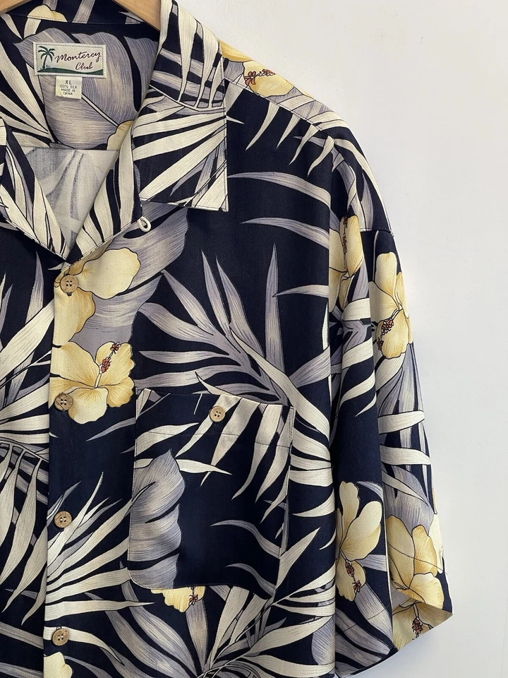 Camisa de campamento hawaiana Monterey Club para hombre XL azul manga corta seda hibisco Foto 3 de 4