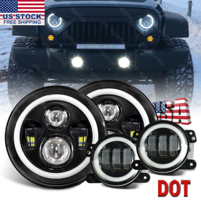 LED 7'' Round Headlight + Fog Light Kit Combo For Jeep Wrangler JK 2007-2018