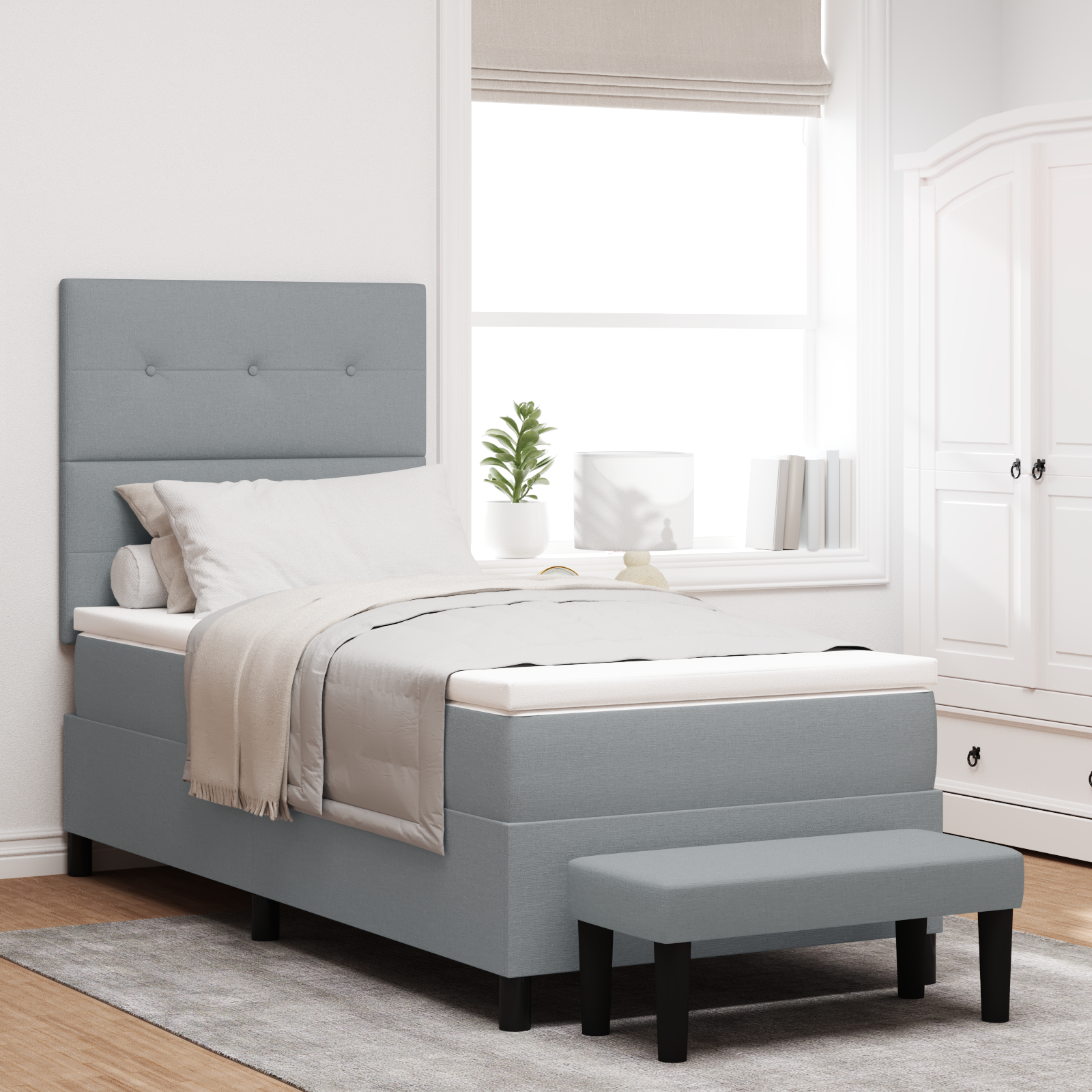 Letto a Box Spring con Materasso e Panchina Grigio Chiaro 80x200 cm Tessuto