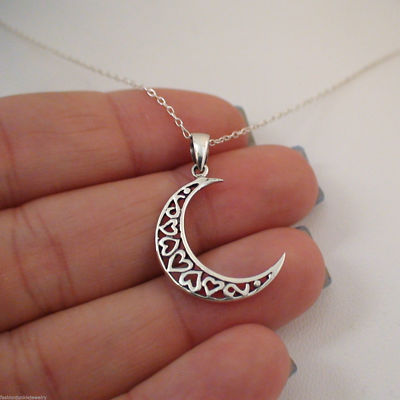 Mondsichel Halskette - 925 Sterling Silber - Herzen Himmlischer Mond Himmel Geschenk