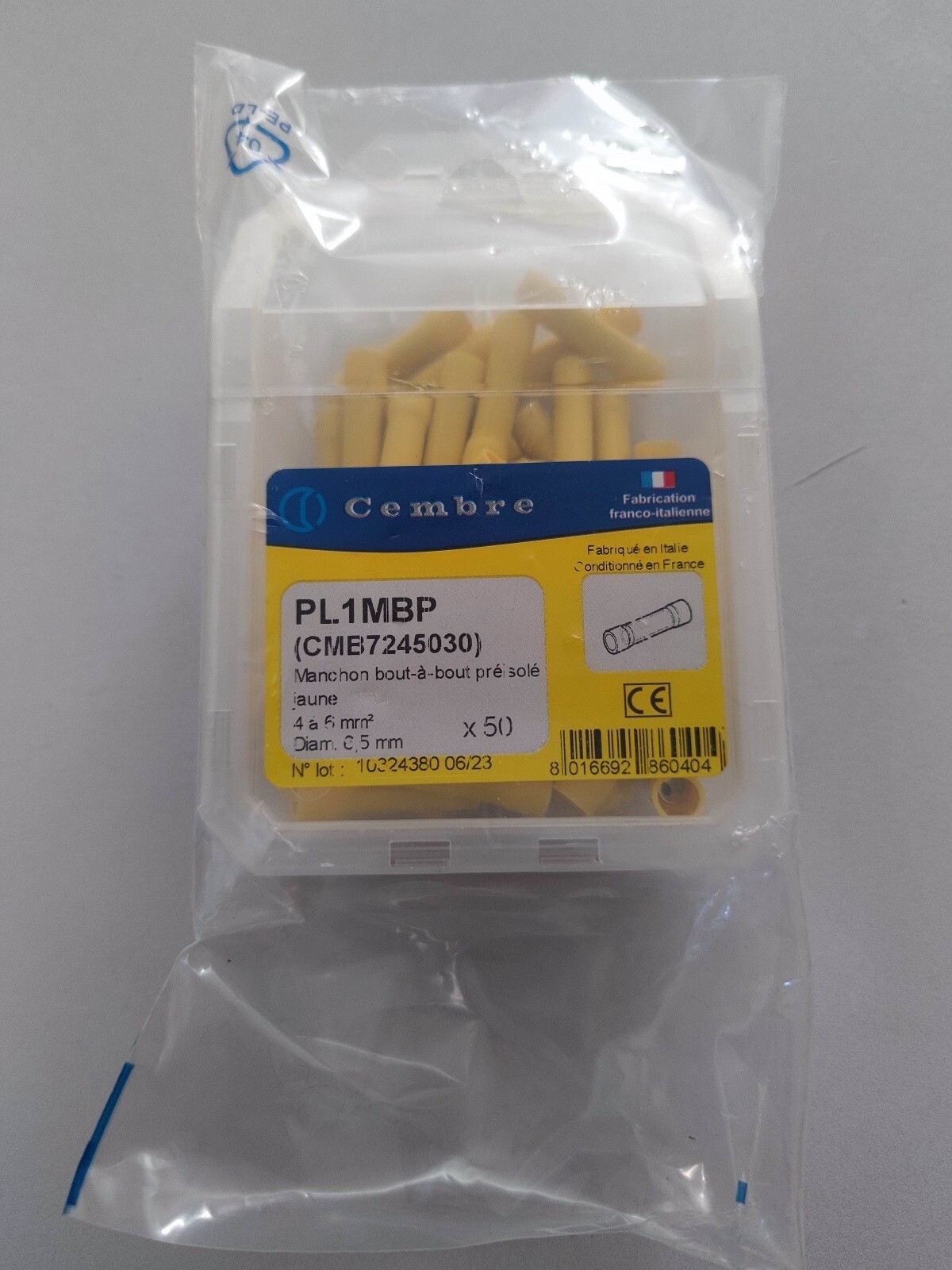 Manchons de sertissage jaune Cembre PL1MBP section 4-6 mm² boite plastique