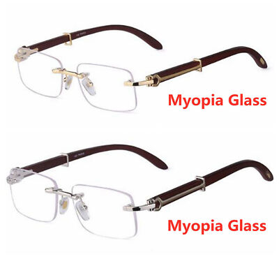 Unisex Business Retro Rimless Wood Grain Negative Nearsight Glass -1.0~-8 Presc