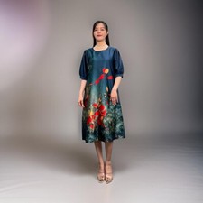 Elegant Flower Blue A Line Dress Mature Women Dress Big Size L Loose Dress