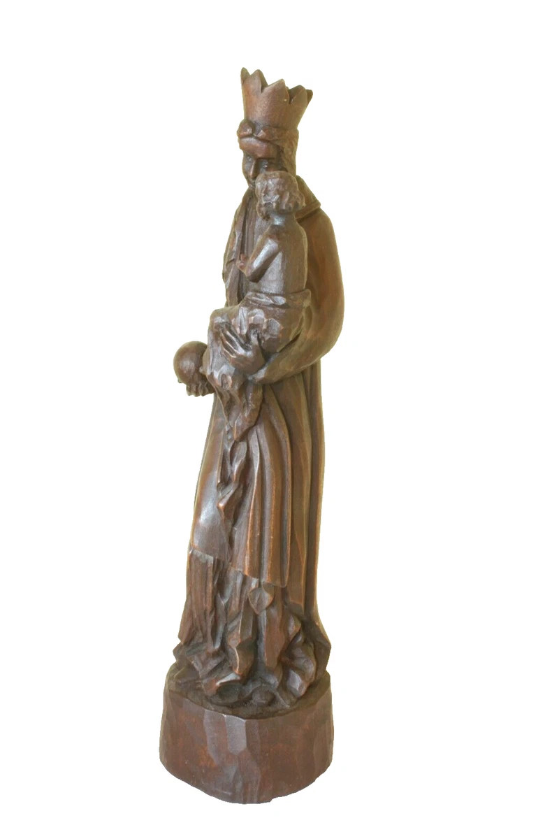 Antik Vintage Gotisch Madonna Jesuskind Weltkugel Skulptur Holz geschnitzt