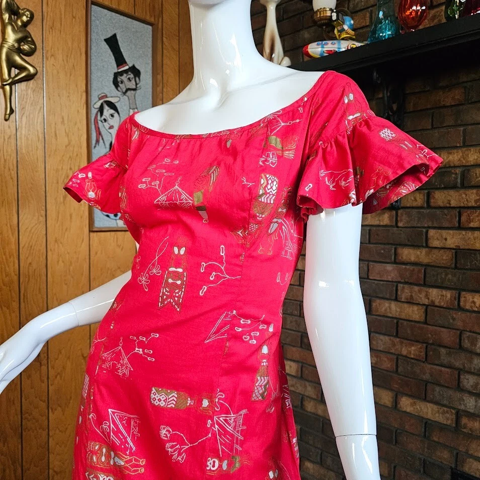 Maxi Vestido Hawaiano De Colección Años 50 Shaheen Sirena Cola de Pescado Metálico Dioses Tiki M Foto 4 de 4