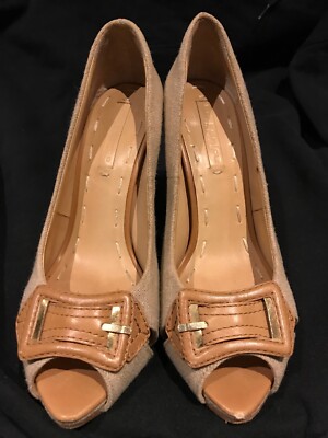 La Fenice Venezia Beige Suede Peep Toe Women's Classic Pumps Shoes Size 6 1/2