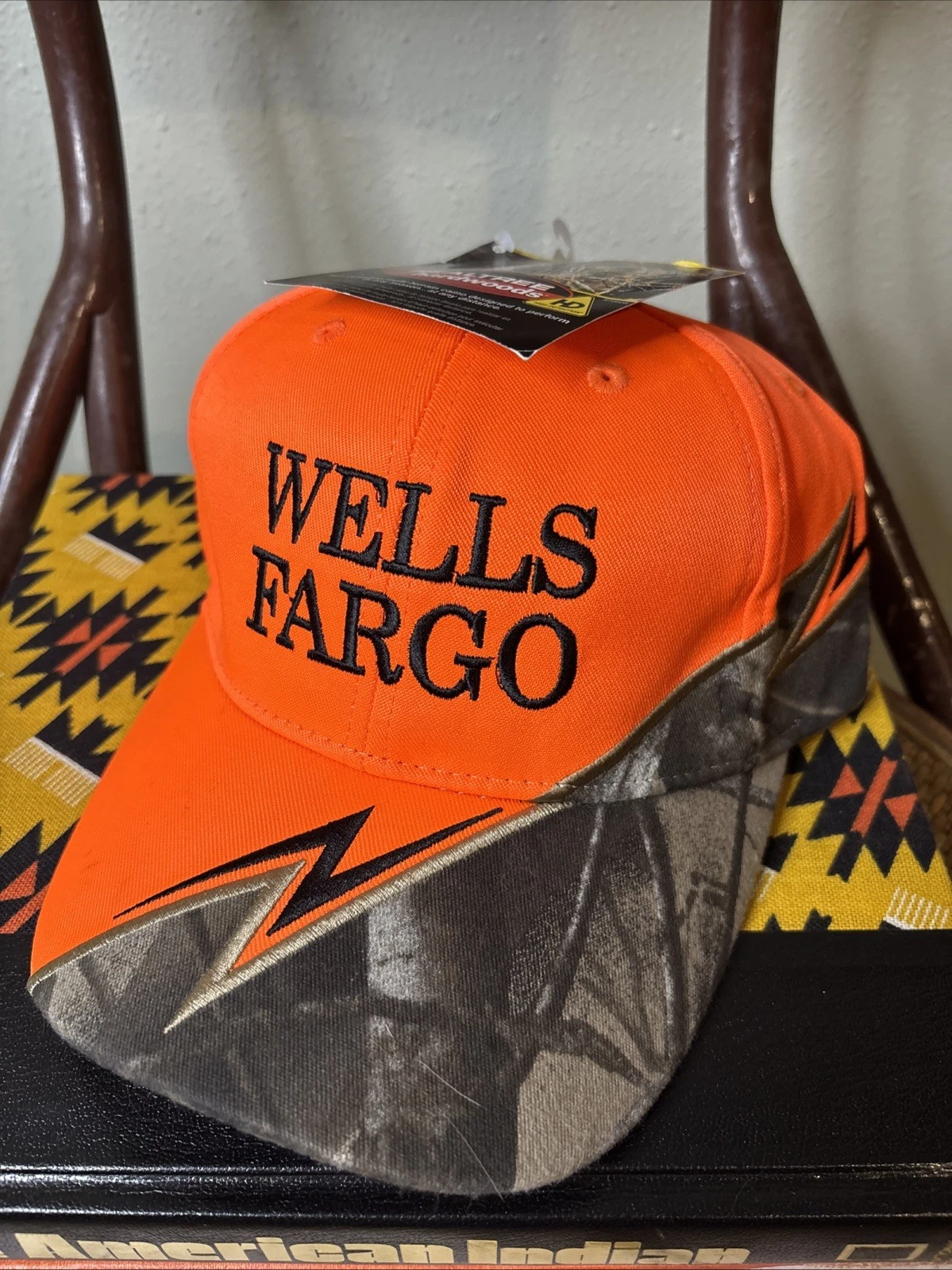 Vintage Y2K Wells Fargo Real tree Skark Tooth New With Tags Hat Orange Belt Back