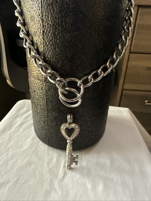 Vintage Silver Key Heart Pendant Necklace with White Stones and Unique 24 Chain.