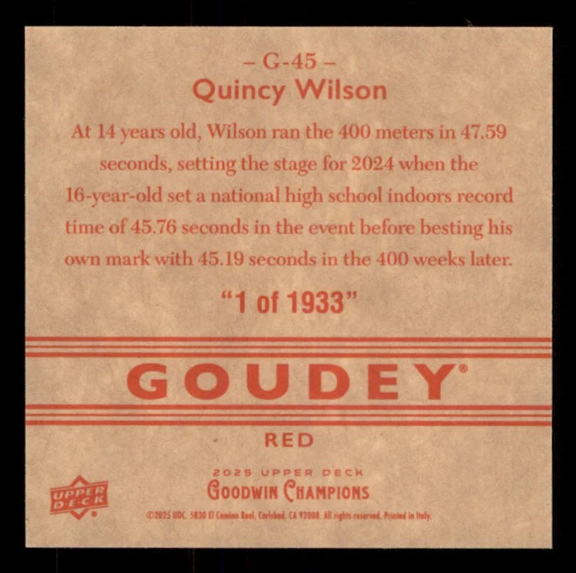 2025 Upper Deck Goodwin Champions Goudey Red #G45 Quincy Wilson *#/1933 - Image 2 of 2
