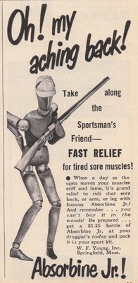 Absorbine Jr. Magazine Ad Sports Afield 1949 Hunter Aching Back Relief