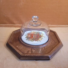 Vintage Spice Of Life Octagon Goodwood Wood And Tile Cheese Tray with Glass Dome