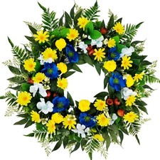 24" Daisy Wreath for Front Door - Spring Summer Blue  Yellow Floral Wreath w...