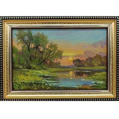 River Landscape Original Oil Painting 6x4 Framed Signed Lake Nature Forest Art