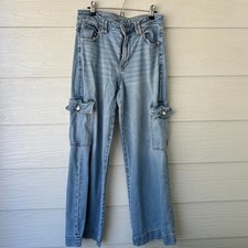 American Eagle Super High Rise Baggy Cargo Jeans Womens 8 Wide Leg Light Wash