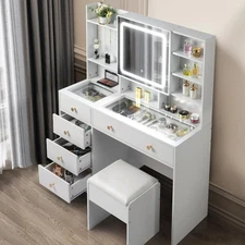 Large Makeup Vanity 3 Color Lights Desk USB Charging Station Table Drawers White