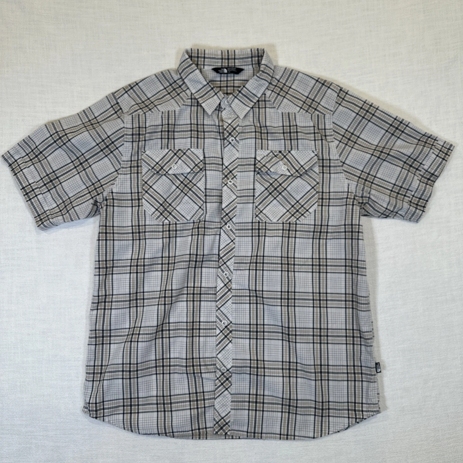 The North Face Men's Plaid Hiking Shirt L Short Sleeve Snap Button Beige Fishing