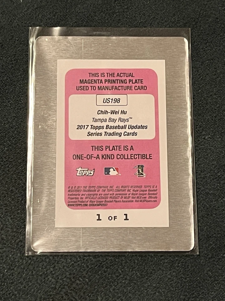 2017 Topps Update Chih-Wei Hu Magenta 1/1 Printing Plate US198 Rookie RC - Image 2 of 2