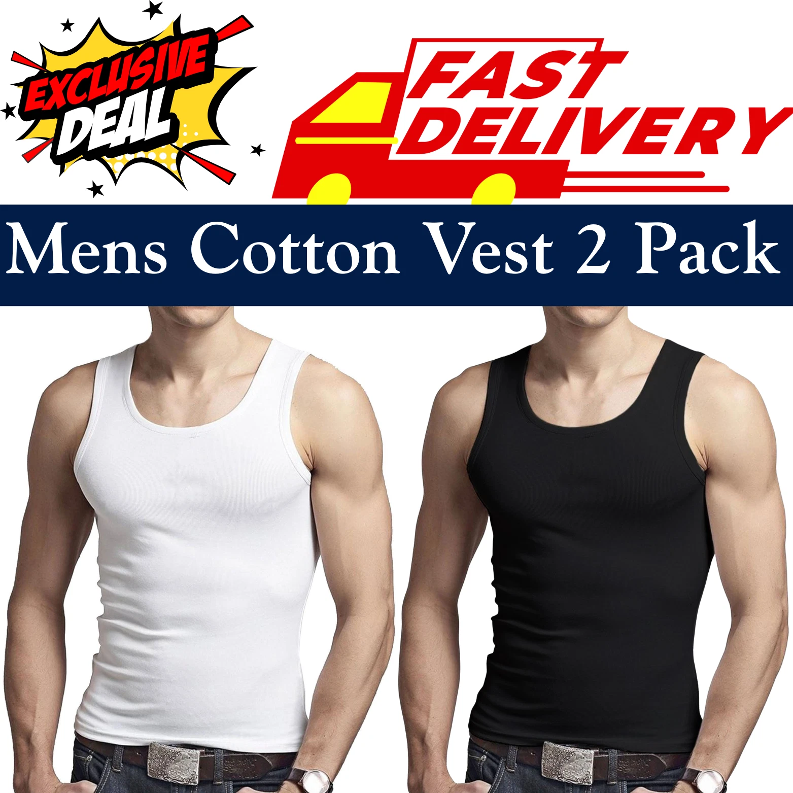 2 Pack Men's Vest Tops 100% Cotton Plain Classic Summer Training Gym Tank