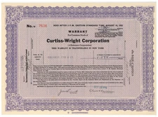 Curtiss Wright Corporation. Warrant Stock Certificate. 1929
