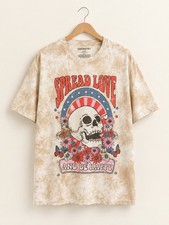 Chemistry Men's Crew Neck Short Sleeve Beige Tie-Dye Skull Floral T-Shirt