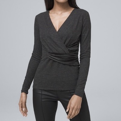NEW White House Black Market Top Womens M Gray Faux Wrap Long Sleeves Velvet
