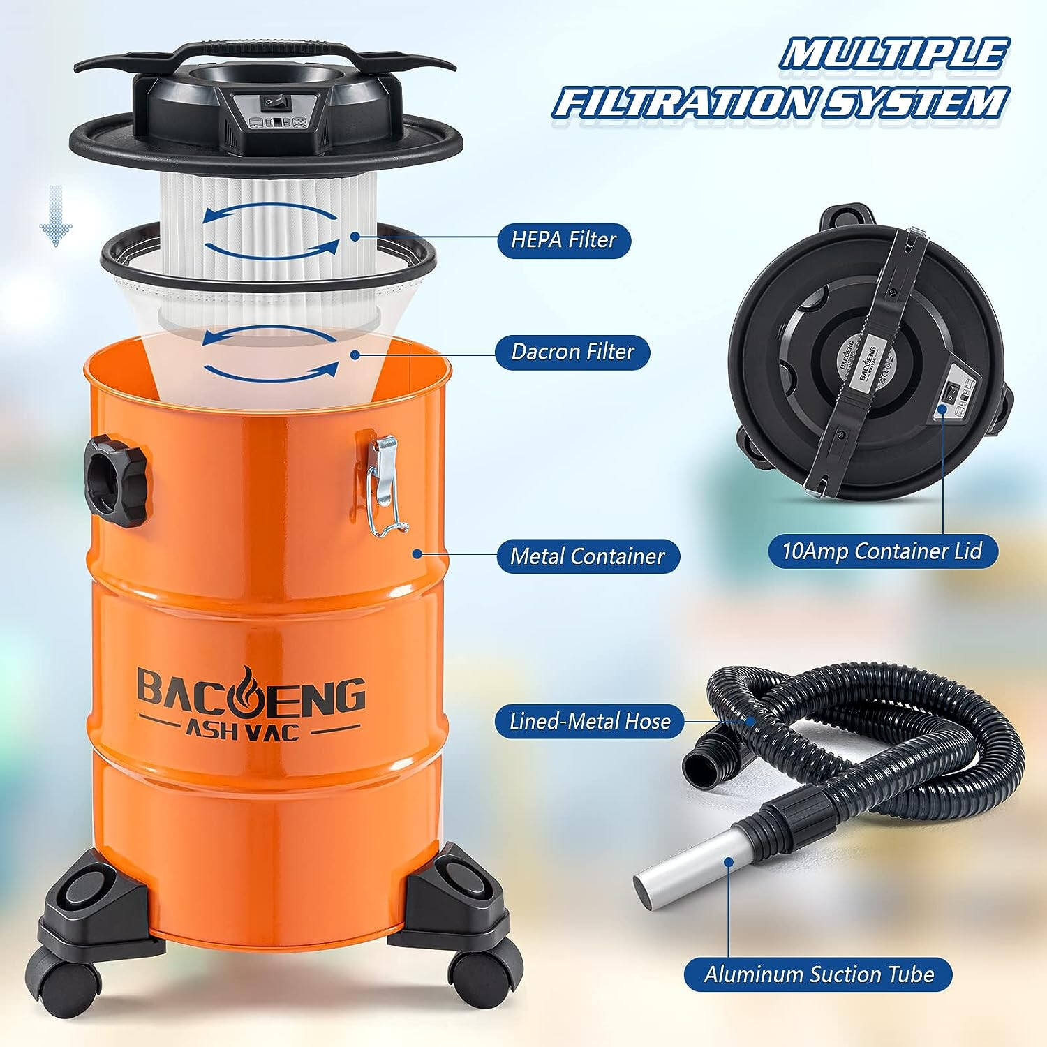 BACOENG 5.3gallon Ash Vacuum Cleaner With Double Stage Filtration