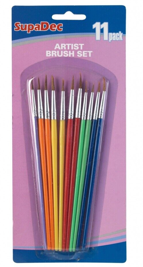 11x SupaDec Hobby Craft Painting Artist Flat Paint Multi-Coloured Brushes Set