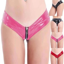 Women Zipper Crotch Boxer Panties Briefs PVC Leather Micro Shorts Underwea  