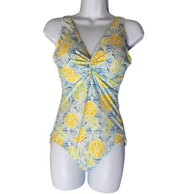 Lands End Lemon UPF One Piece Swimsuit Womens 6D Tummy Control Twist Yellow Blue