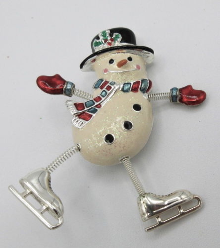 Vtg DANECRAFT SNOWMAN ICE SKATING HOLLY LEAF cream red silver tone Brooch Pin - Picture 1 of 3