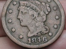 1846 Braided Hair Large Cent Penny- Small Date, Brown, VF Details