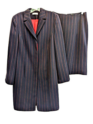 AMANDA SMITH 2 Piece Skirt Suit Long Jacket Wrap Skirt Pinstripe Career Office 8