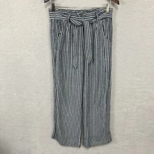 Jolt Wide-Leg Pants Womens Medium Black White Striped Pull On Belted Linen Blend